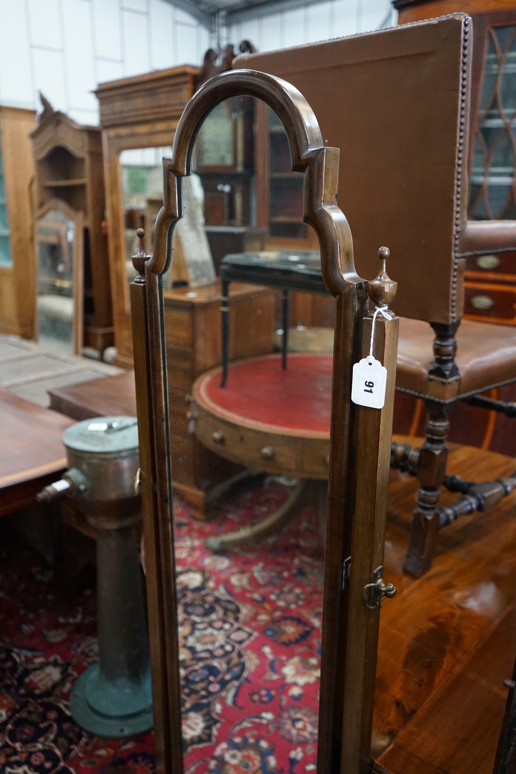 A Queen Anne revival walnut cheval mirror, width 46cm, height 159cm